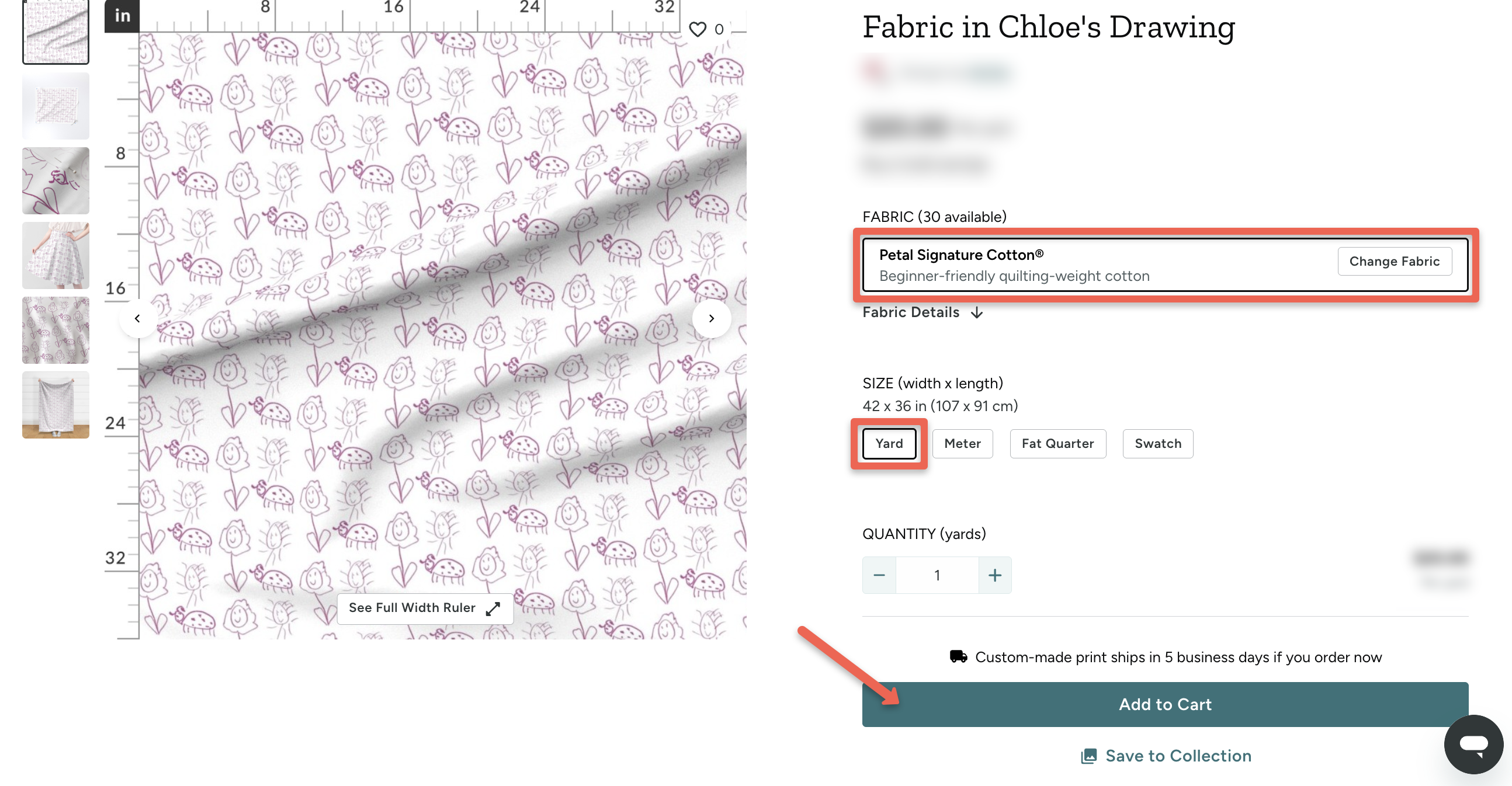 screenshot of fabric purchasing page