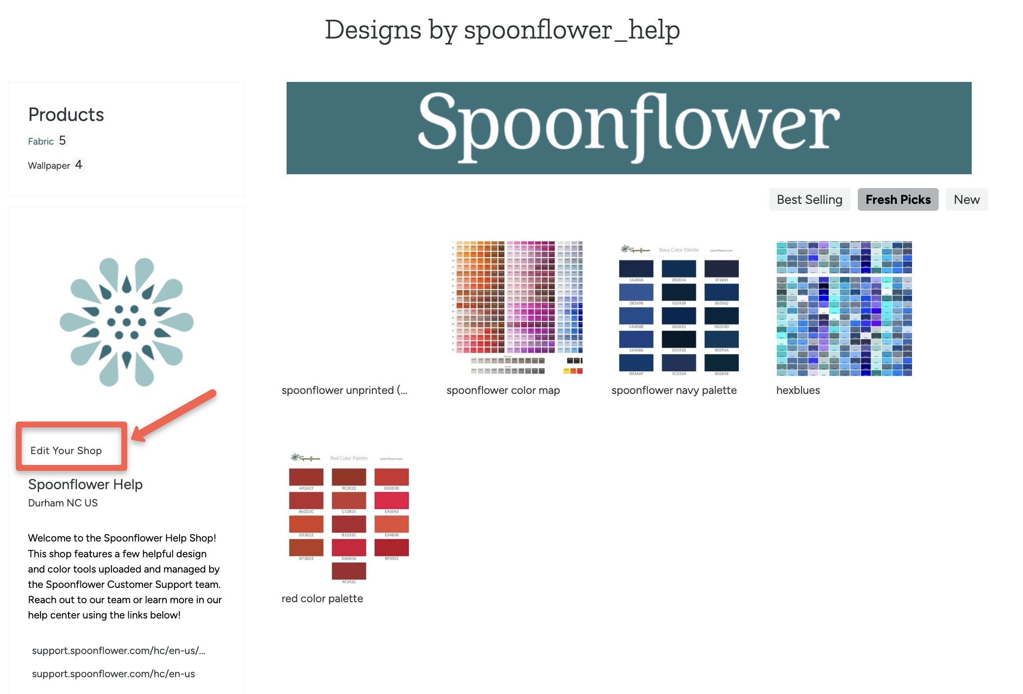 screenshot of the spoonflower help shop with the edit your shop button highlighted