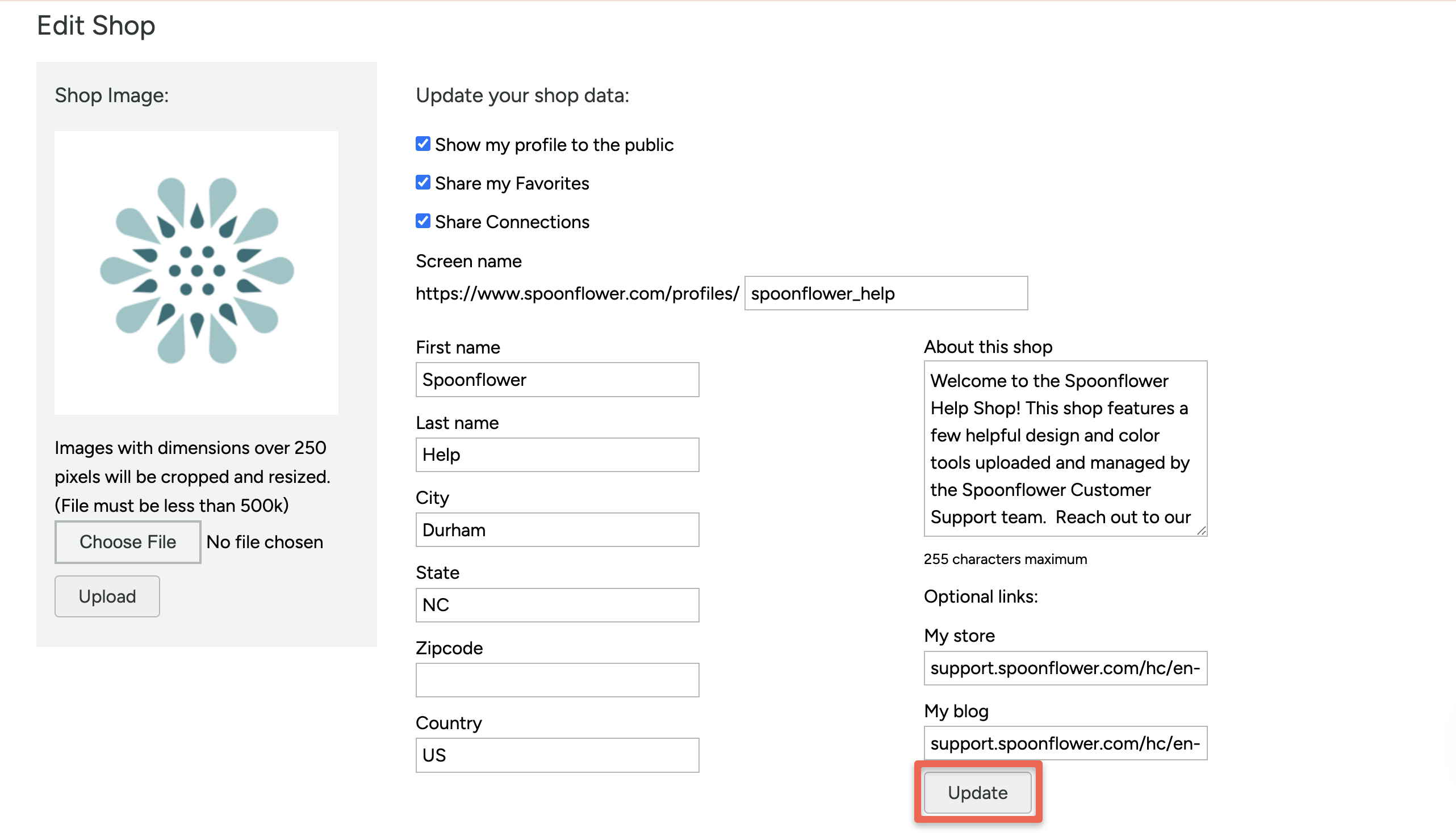 screenshot of the update button on the shop settings page