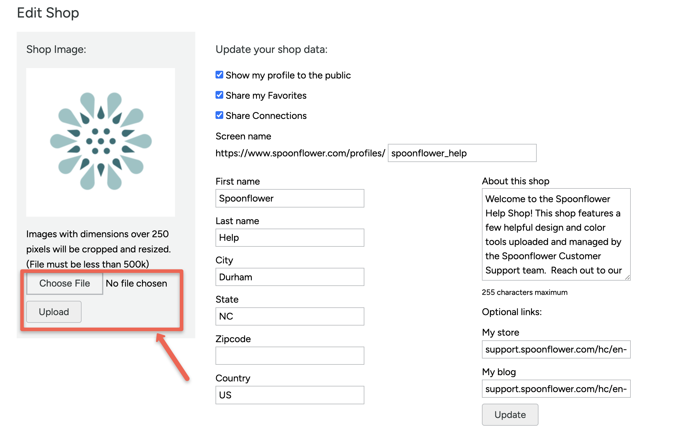 screenshot of the shop settings with the profile picture buttons highlighted