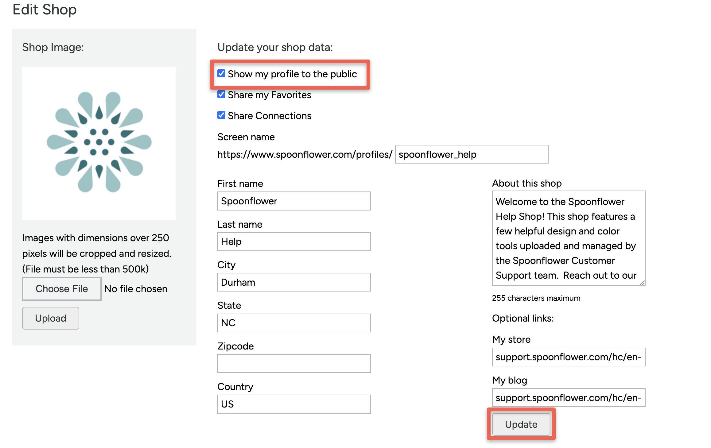 screenshot of the shop settings with the show my profile to the public button checked and the update button highlighted