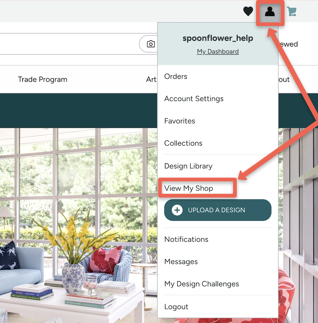 screenshot of the person icon and the view my shop option