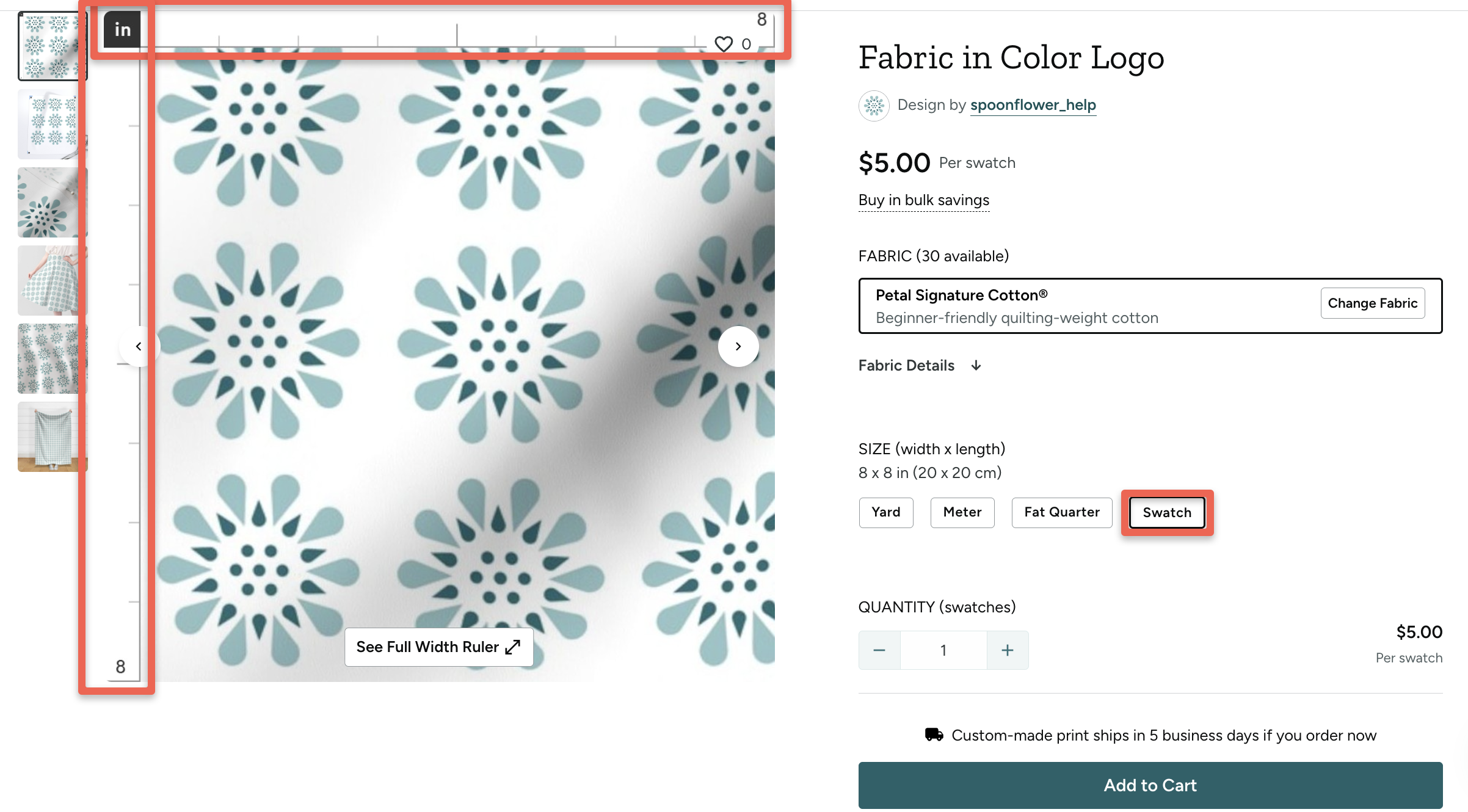 screenshot of fabric swatch preview window with rulers outlined 