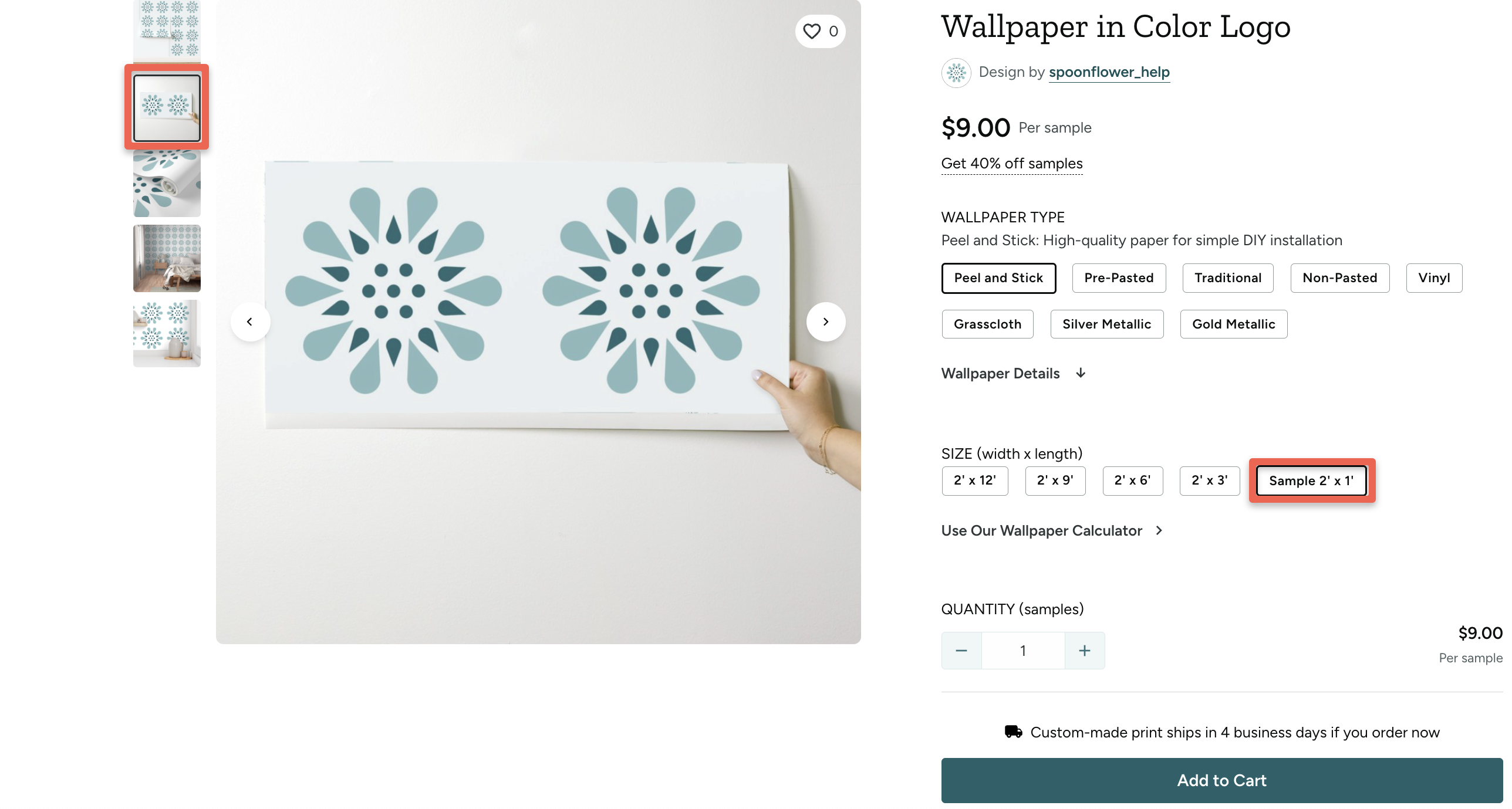 preview of wallpaper sample button chosen with rendering of a hand holding a swatch with the spoonflower logo