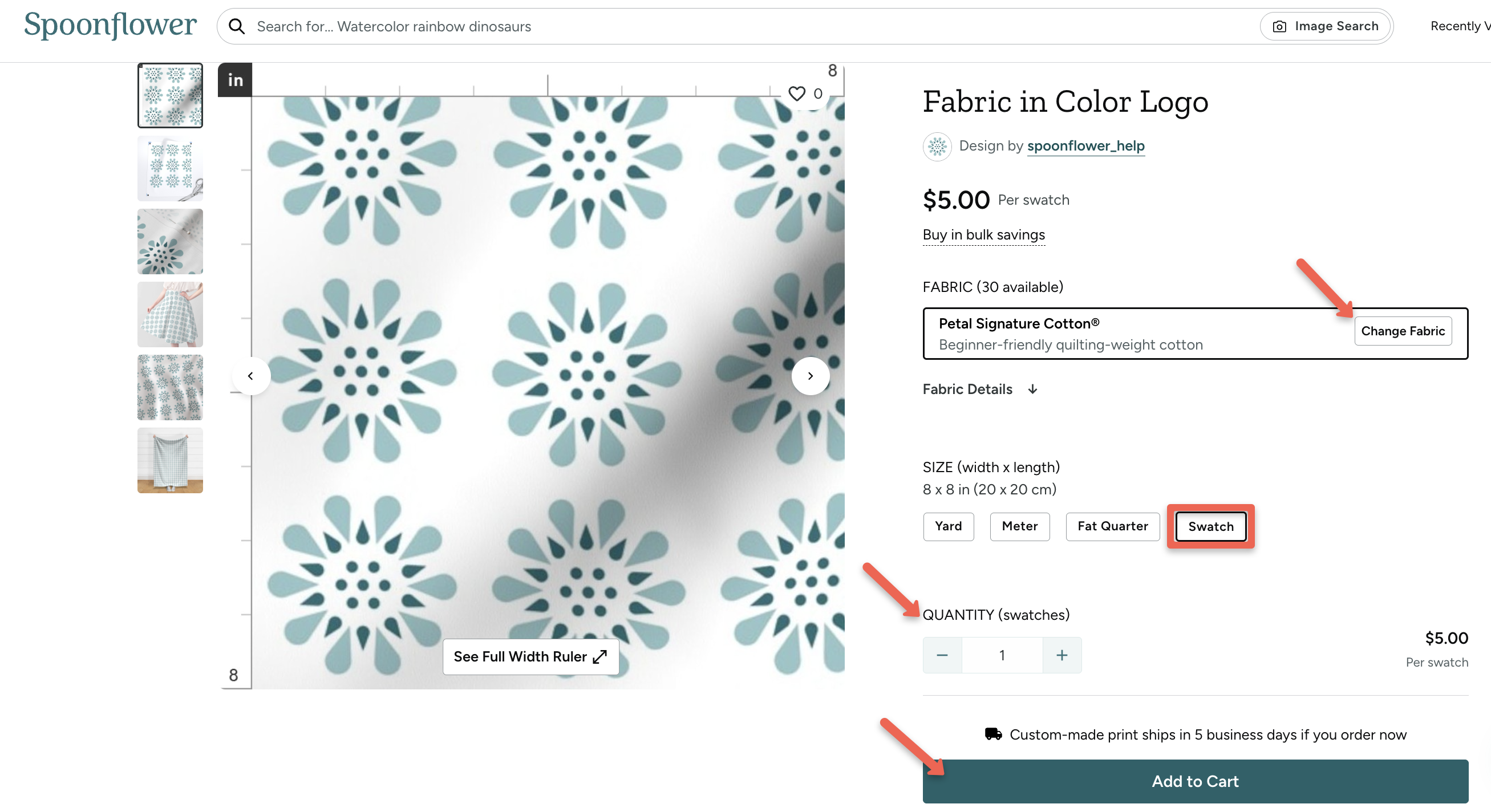 screenshot of adding fabric swatch to cart with spoonflower logo design