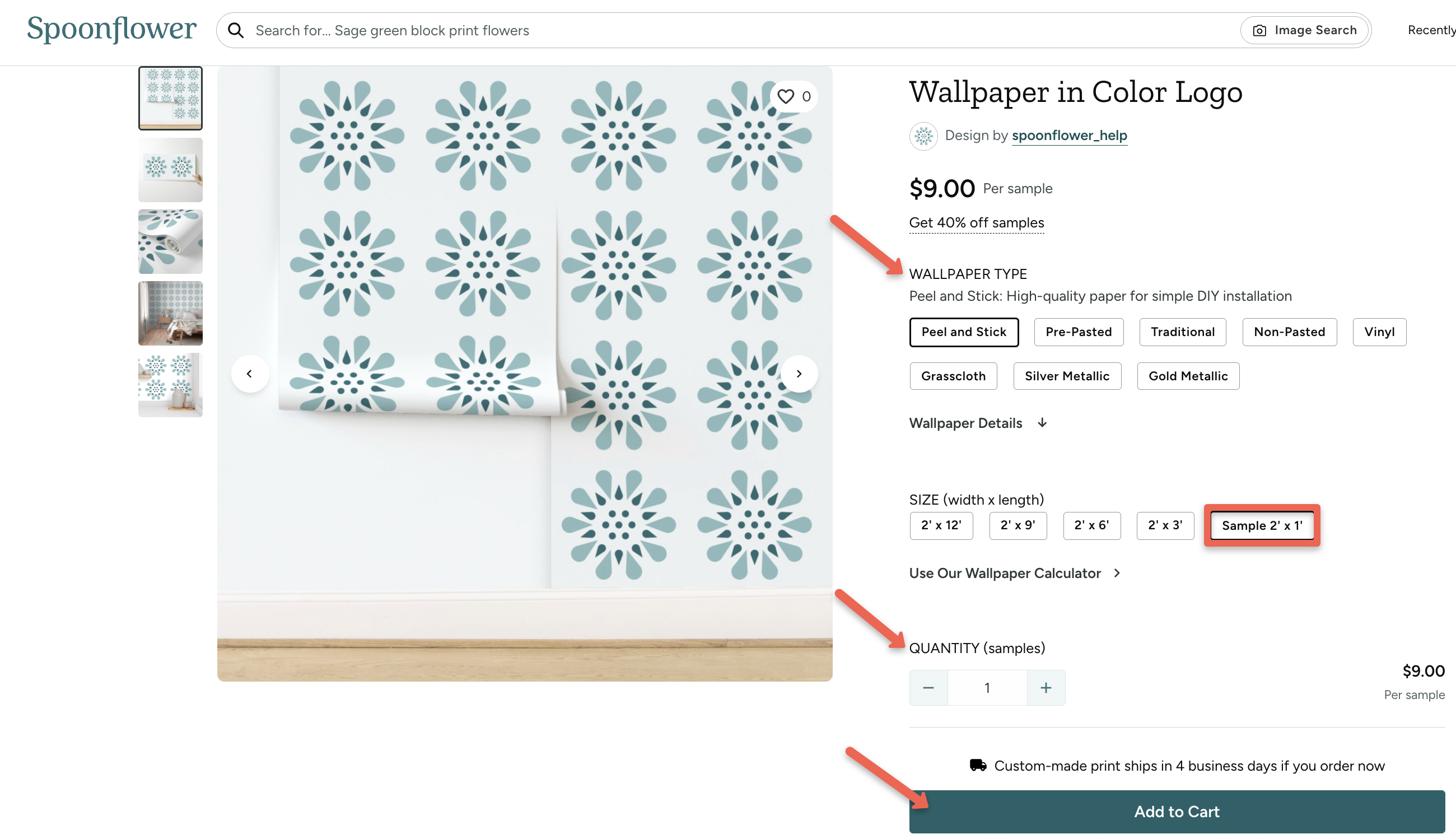 screenshot of adding wallpaper swatch to cart with spoonflower logo design