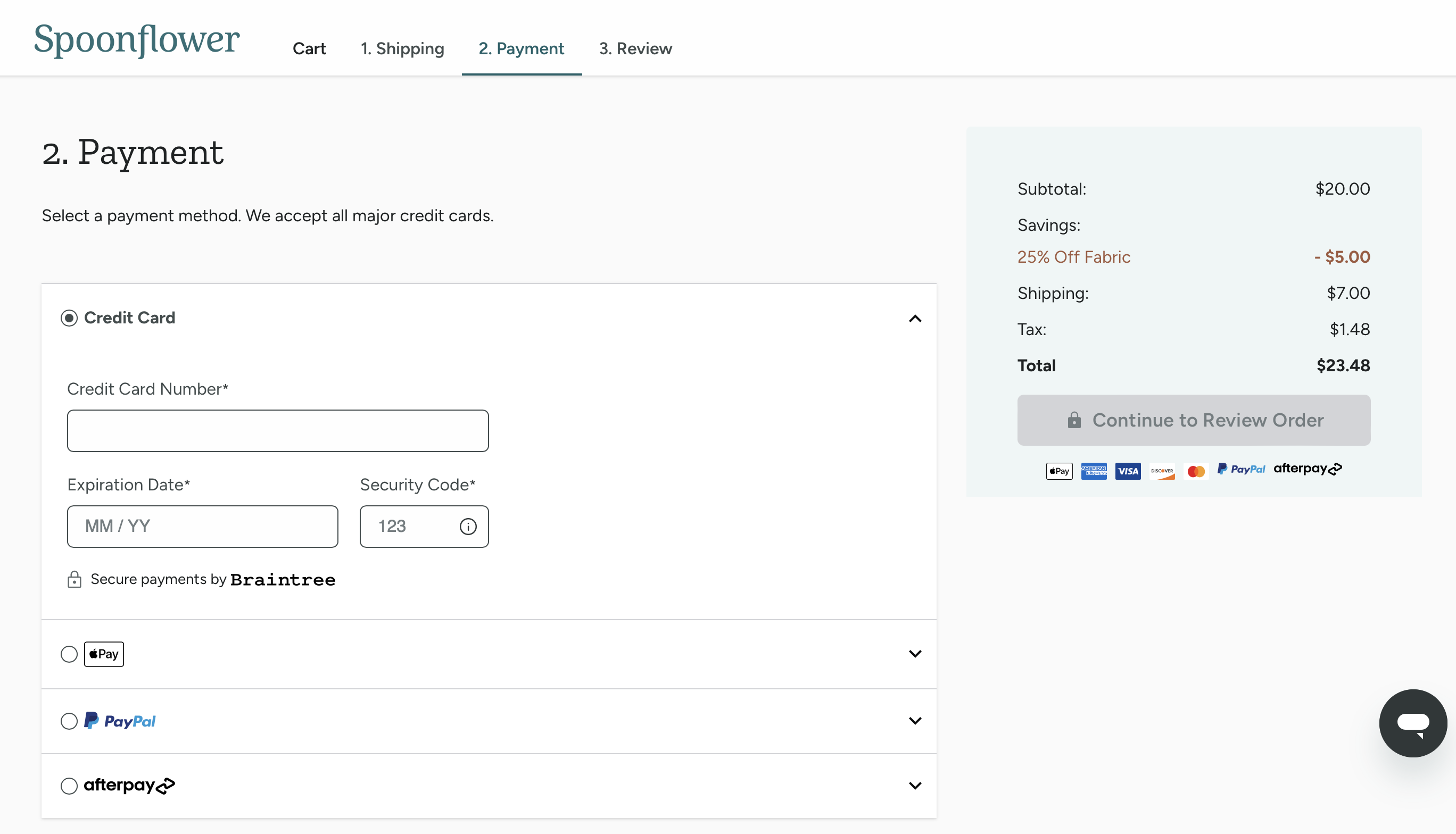 screenshot of payment options displayed in cart