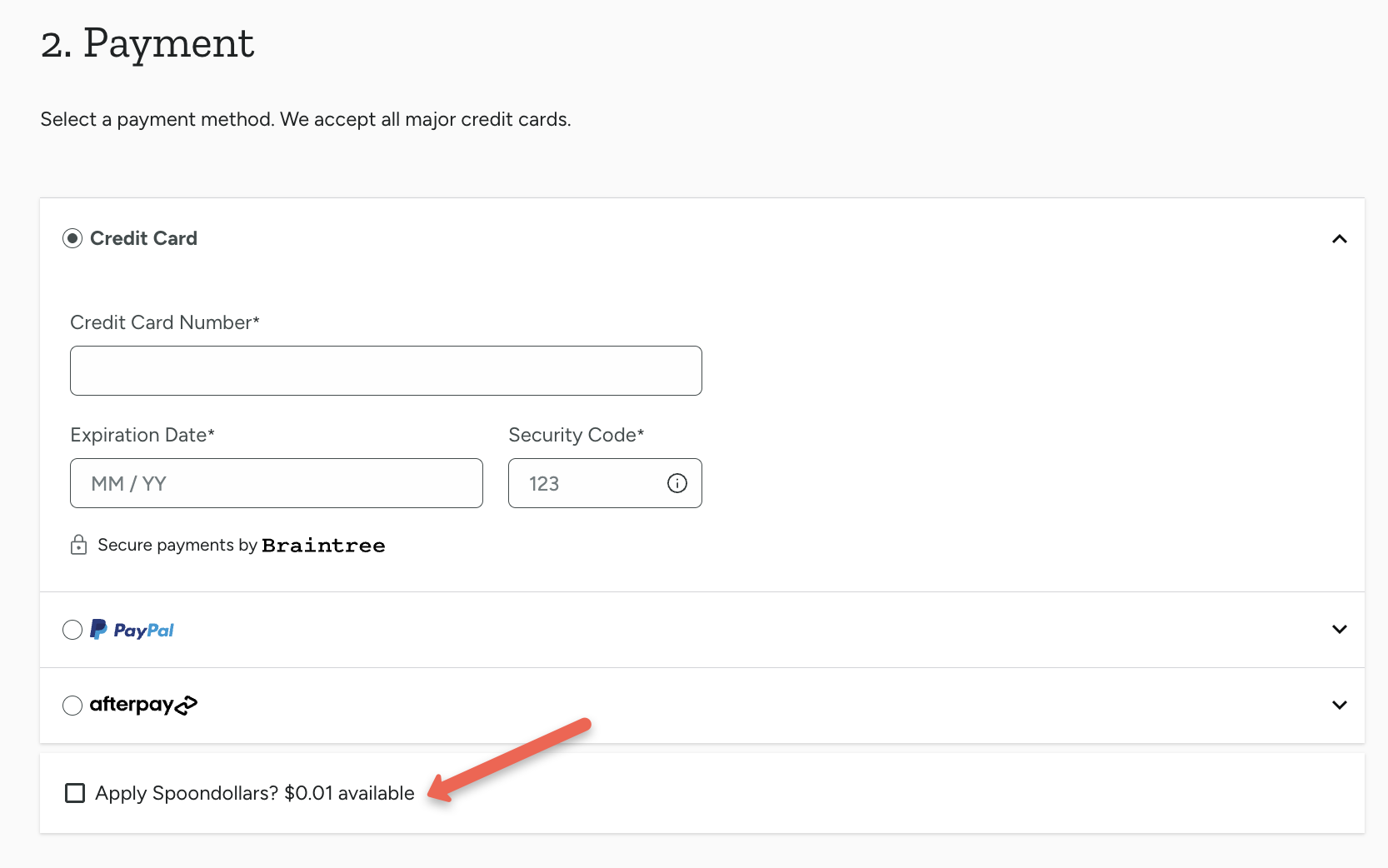 screenshot of payment options displayed in cart with apply spoondollars box shown