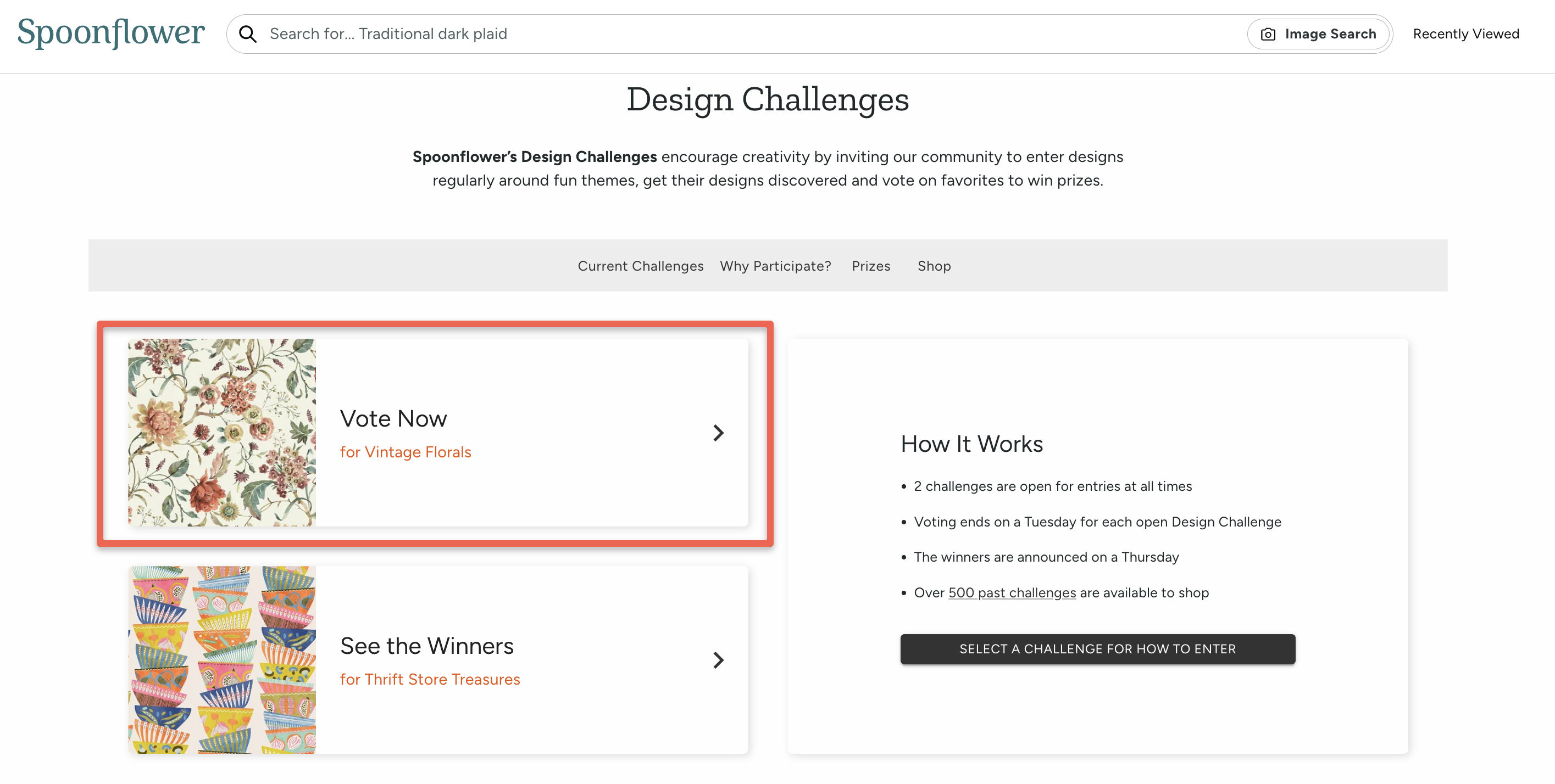 screenshot of design challenge page with vote now button highlighted