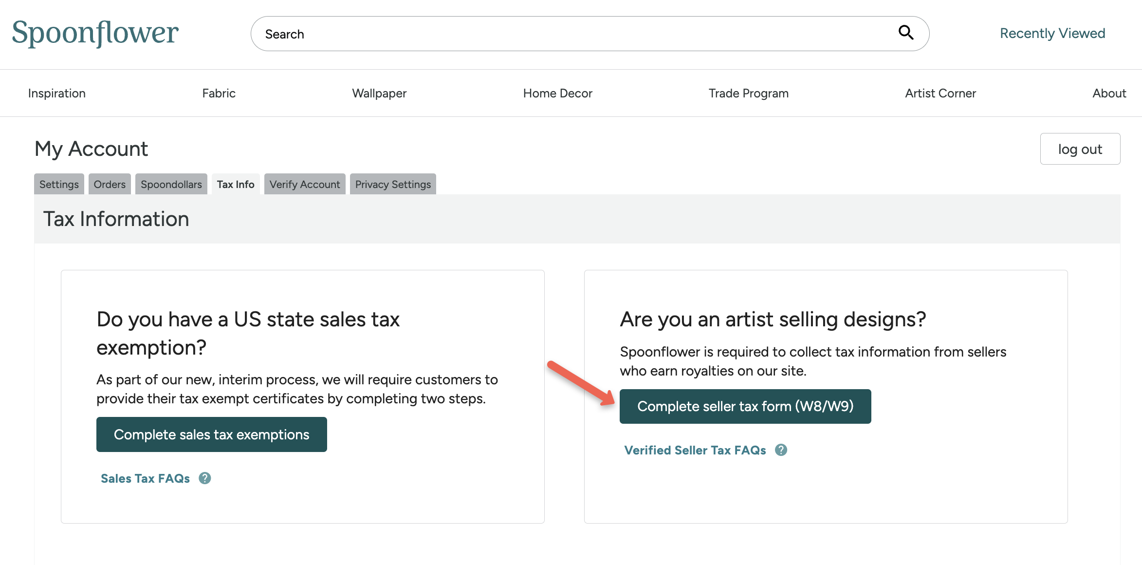 screenshot of tax info tab with arrow pointing to "complete seller tax form" button 