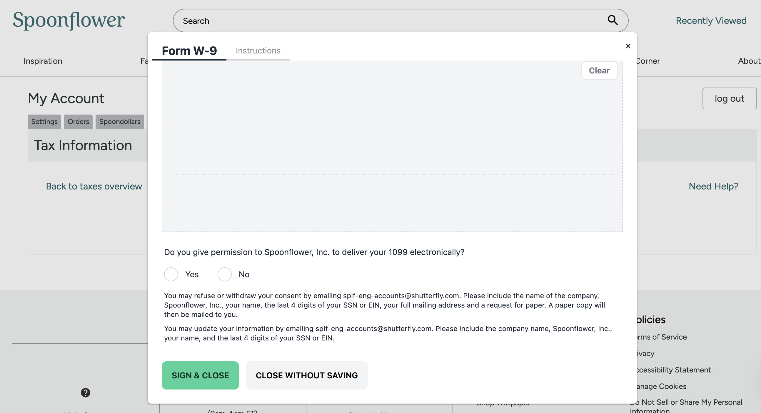 screenshot of w9 form with green sign and close button 