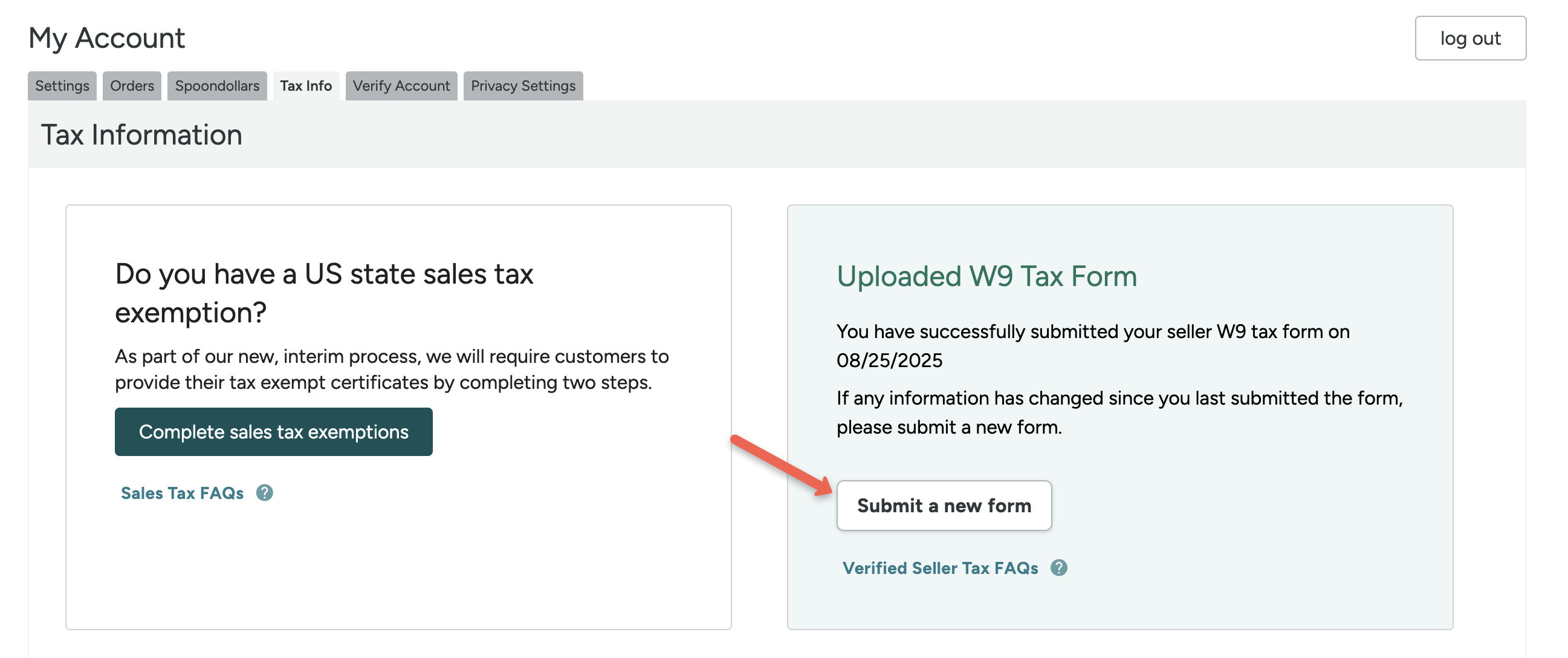screenshot of tax info tab with "submit a new form" button