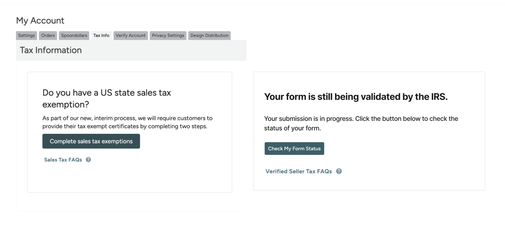 screenshot of tax info tab in account settings with "your form is being validated by the irs" message