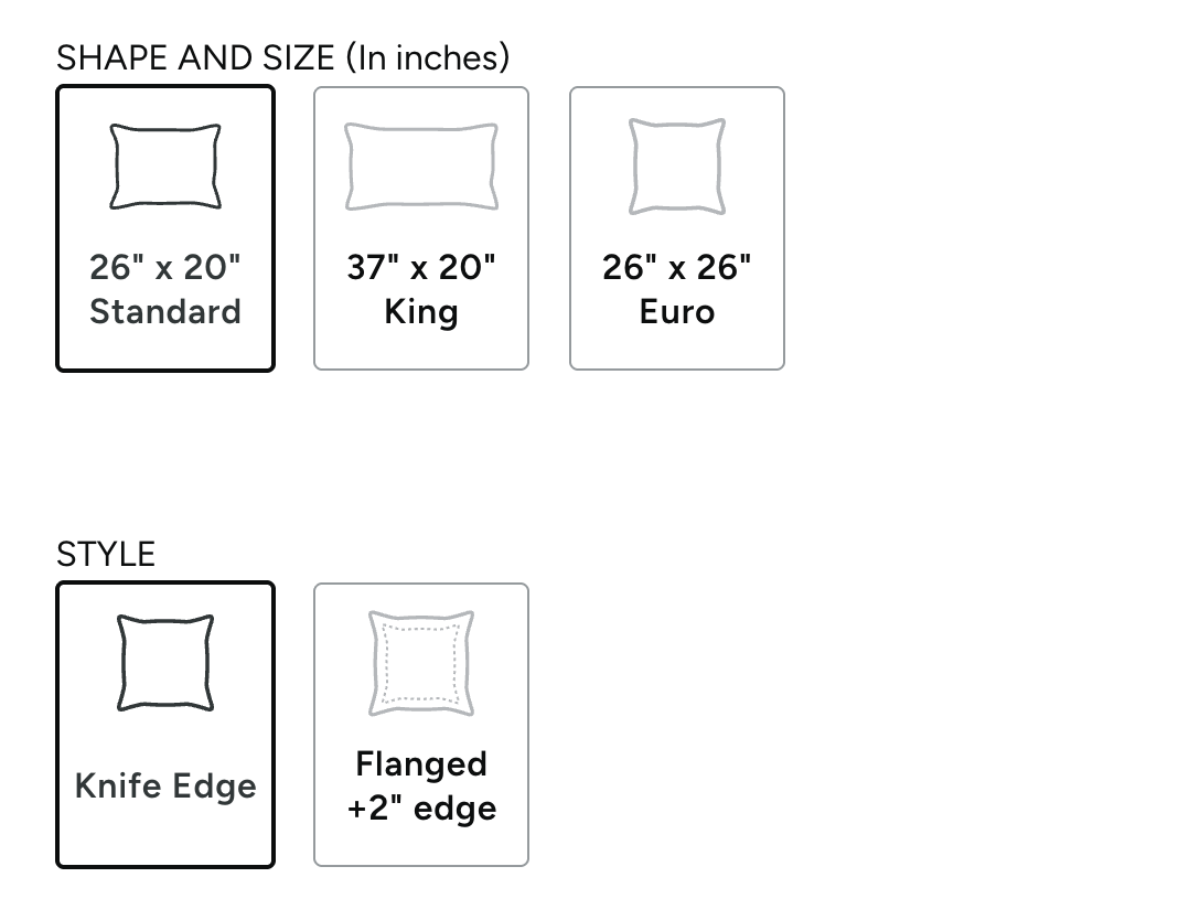 screenshot of standard, king, euro choices and knife edge, flanged choices
