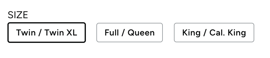 screenshot of duvet size menu choices