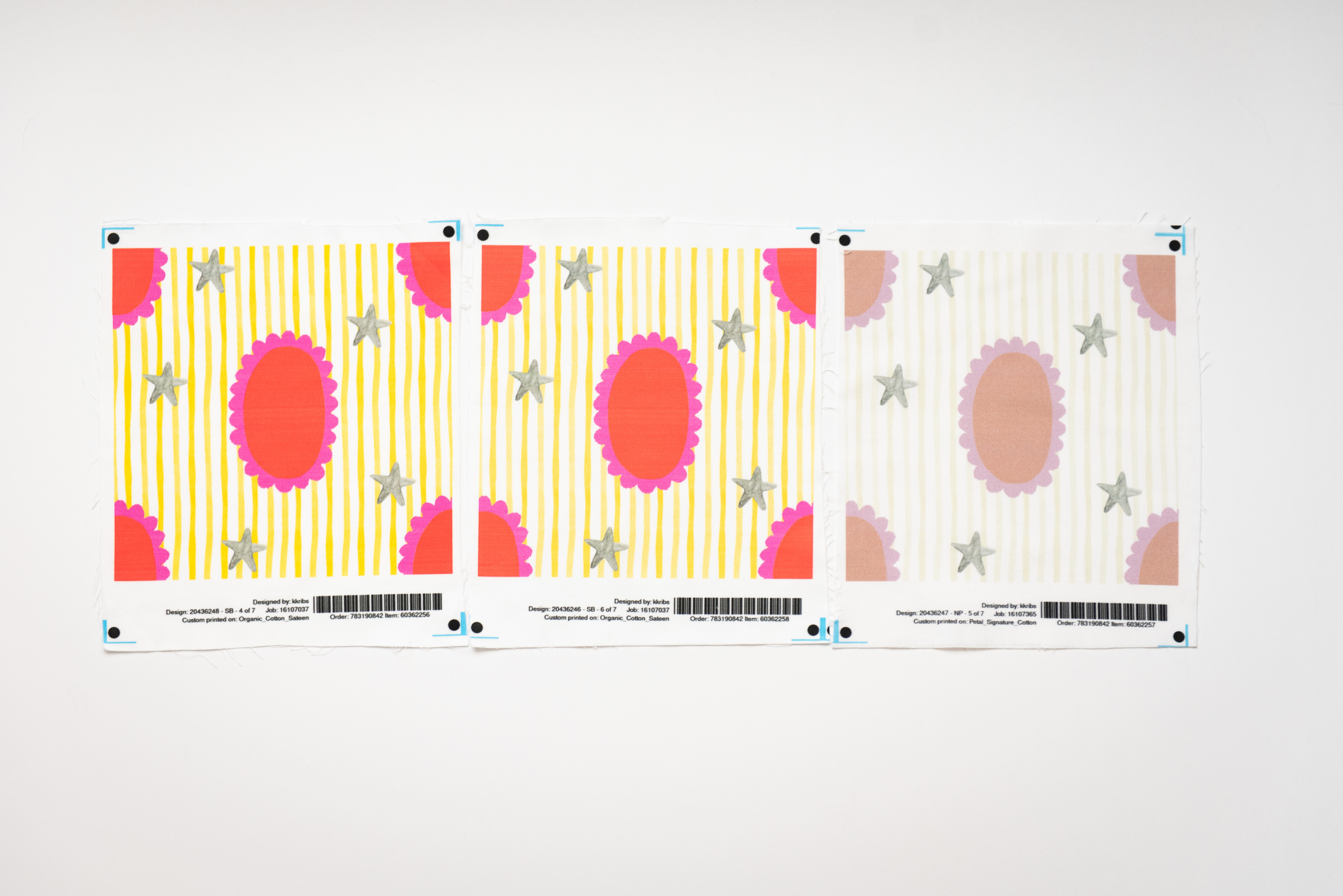 three swatches with yellow stripes and red and pink ovals and stars with varying levels of color intensity