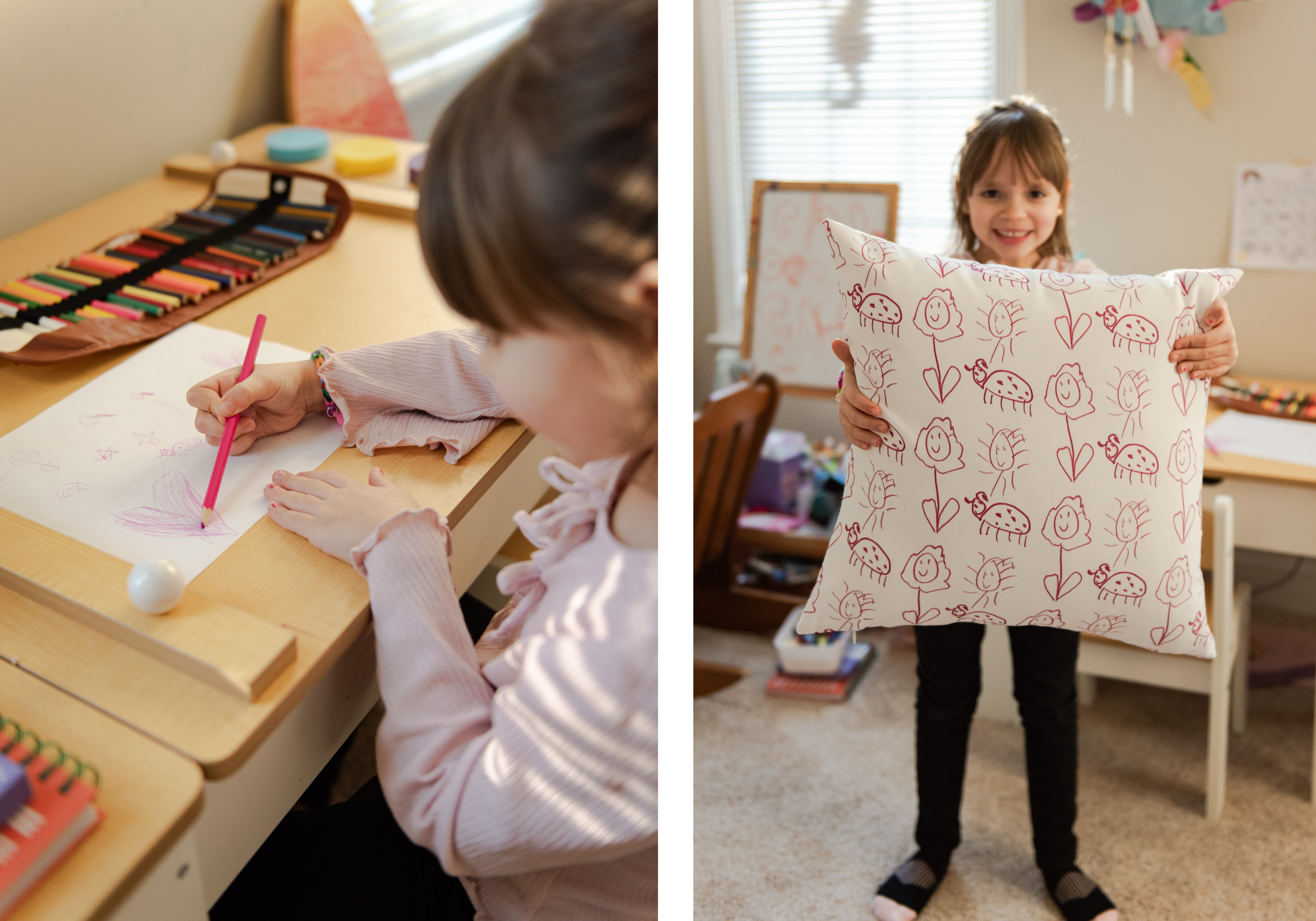 photo of girl drawing with colored pencils and photo of girl holding pillow with her handdrawn designs