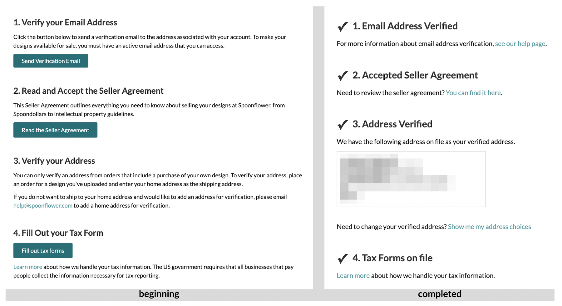 screenshot of seller verifcation menus before and after completion