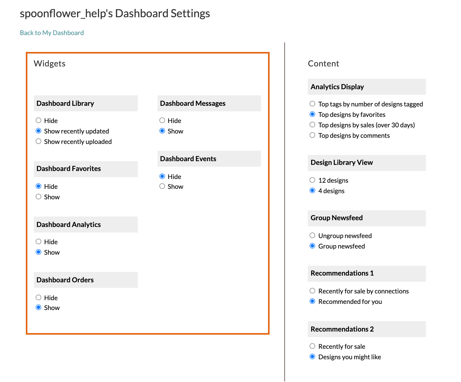 Screenshot of dashboard widgets