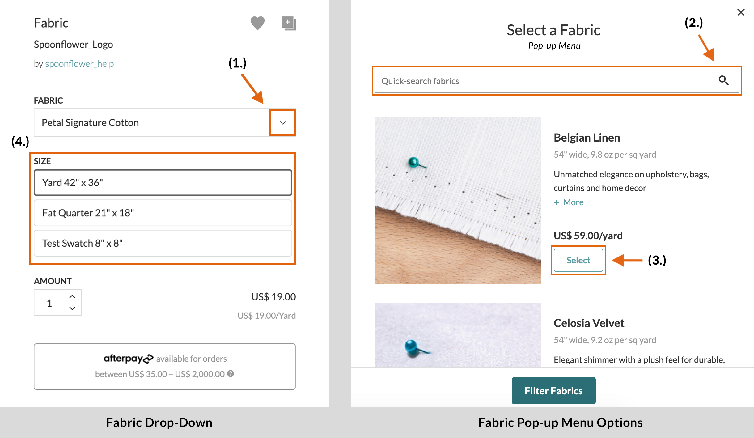 screenshot of fabric drop down and fabric pop up menus