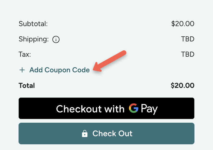 screenshot of cart with text "add coupon code"