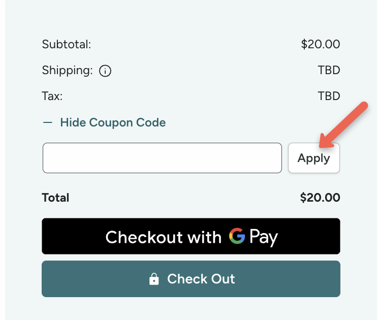 screenshot of cart with promo code field and "apply" button