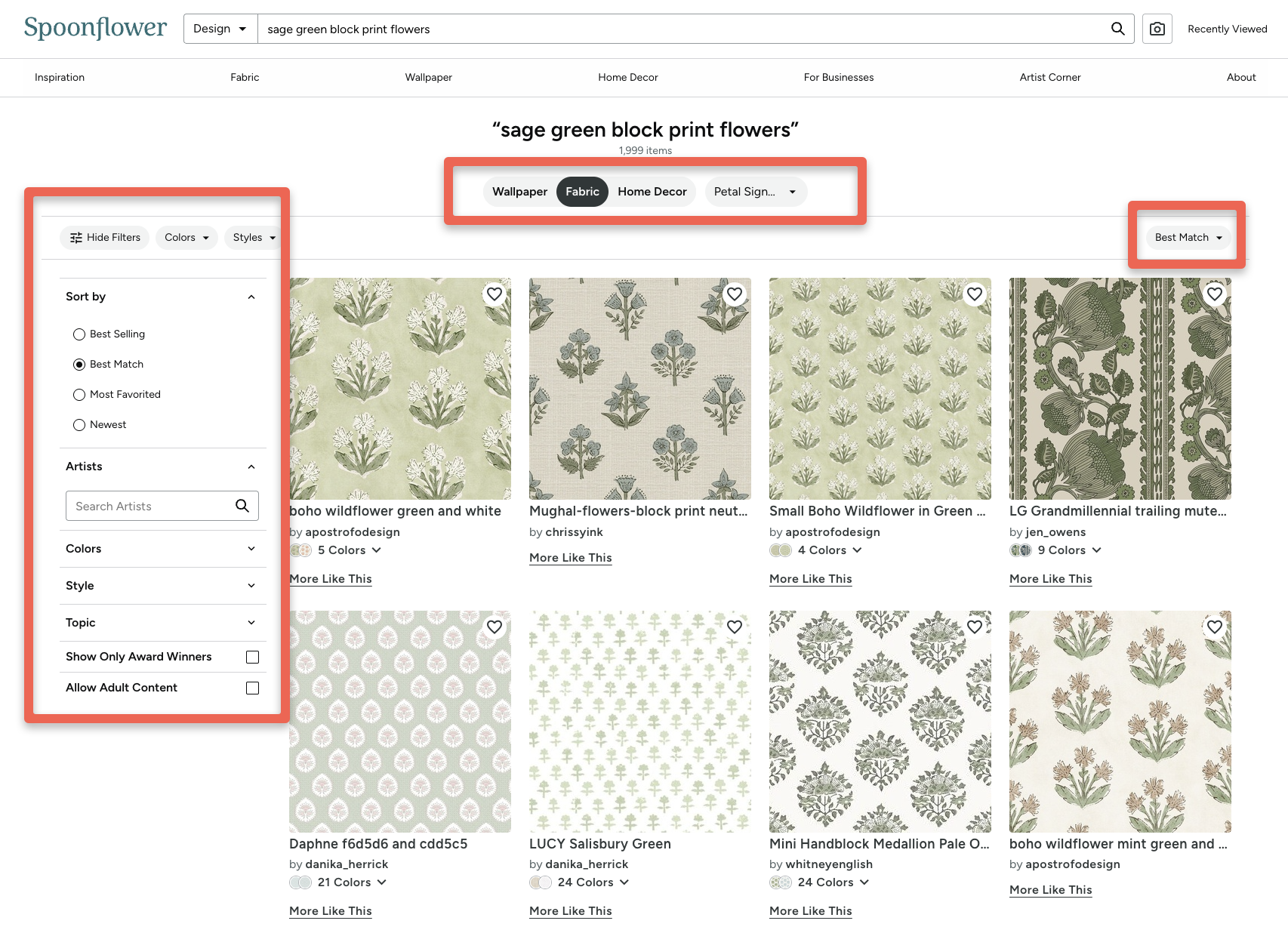 spoonflower search results for the search "sage green block print flowers"