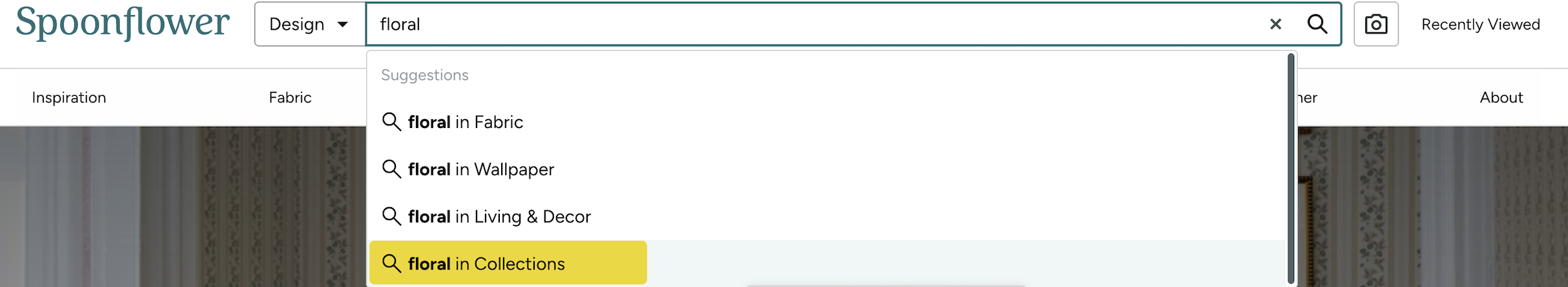 spoonflower search bar showing the term floral being searched with the option "floral in collections" chosen