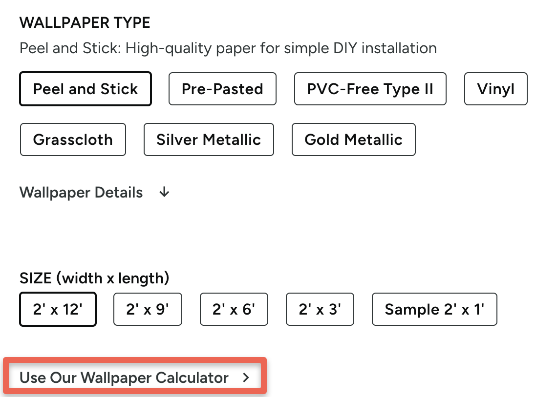 screenshot of wallpaper shopping page with wallpaper type and size buttons and wallpaper calculator option highlighted