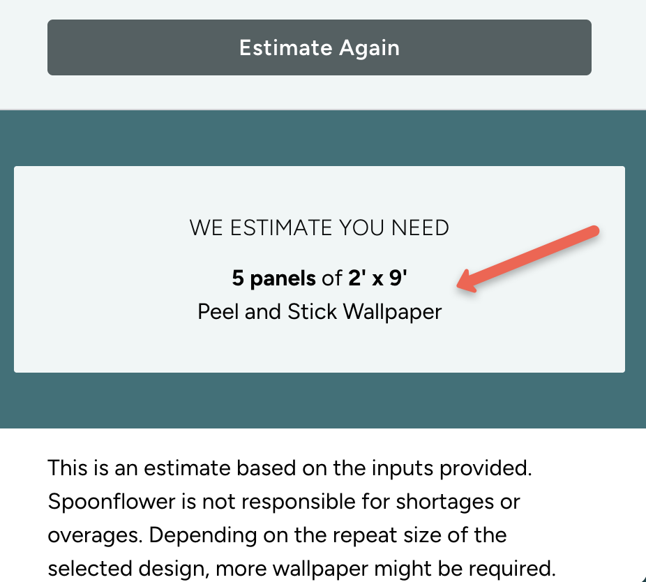 screenshot showing results of the calculation which is 5 panels of 2' x 9' peel and stick wallpaper 