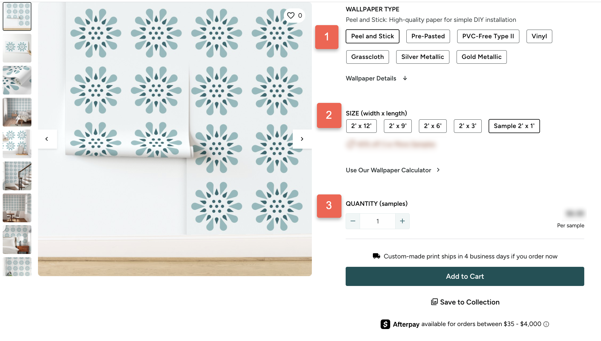 screenshot of wallpaper ordering page with wallpaper type, wallpaper size, and quantity menus