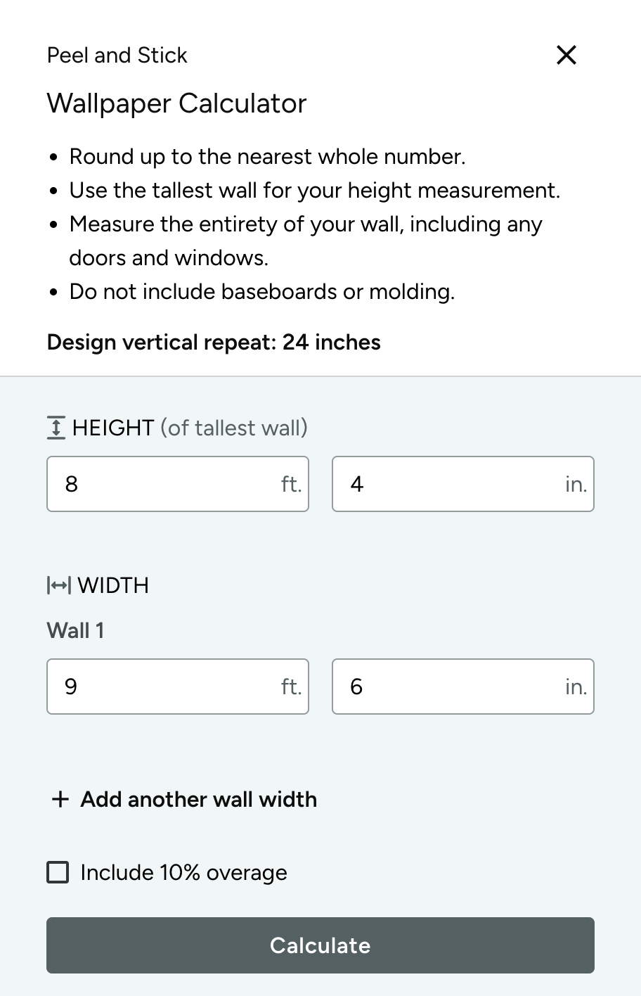 screenshot of wallpaper calculator for peel and stick with 8ft 4in entered as the height and 9 ft 6in entered as the width.