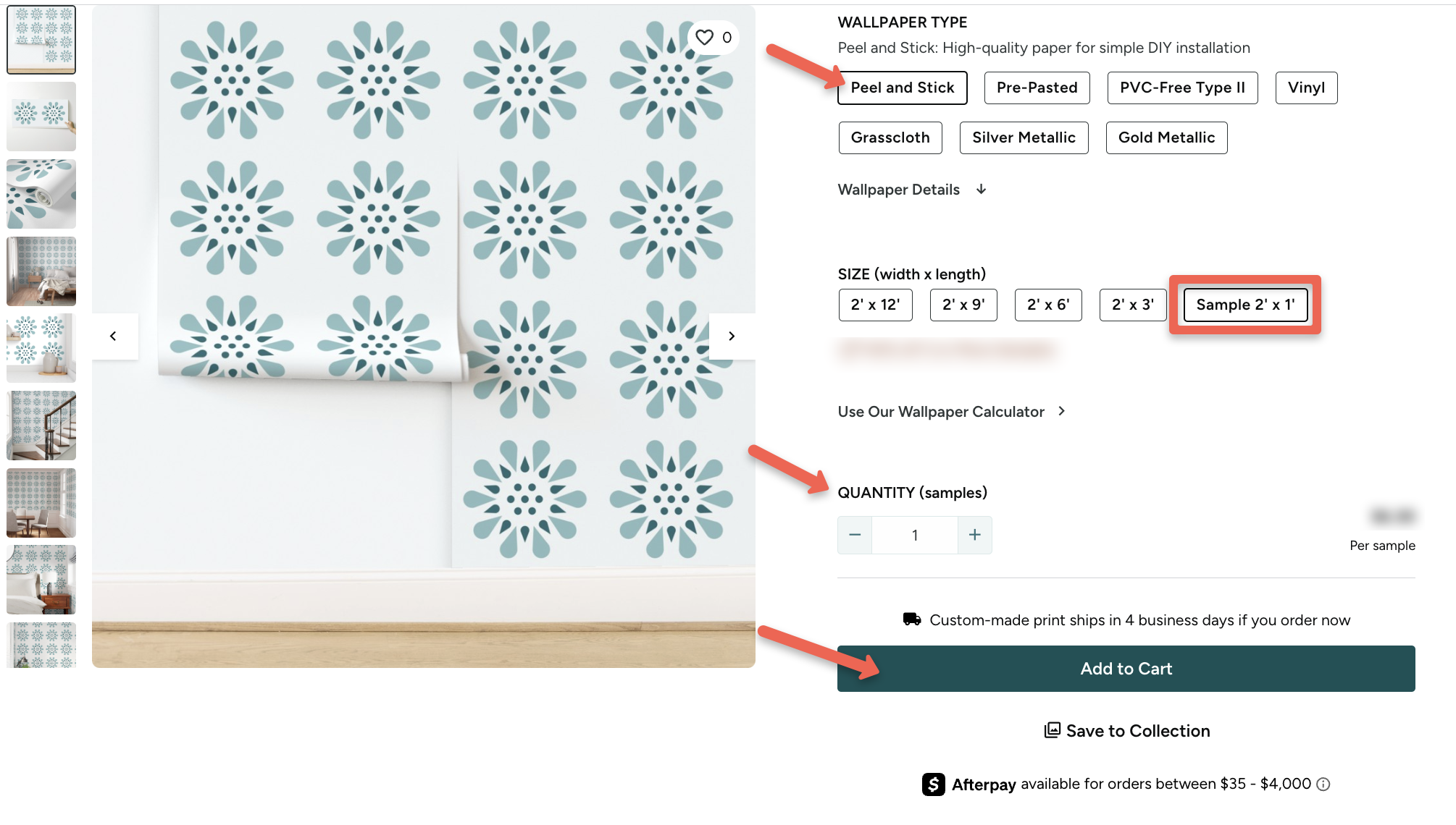 screenshot of adding wallpaper swatch to cart with spoonflower logo design