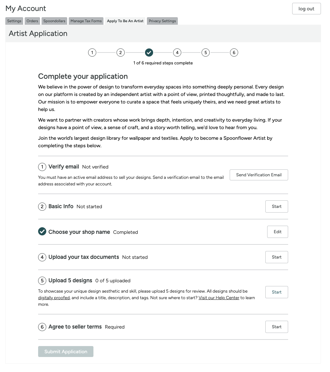 screenshot of artist application with step 3 complete