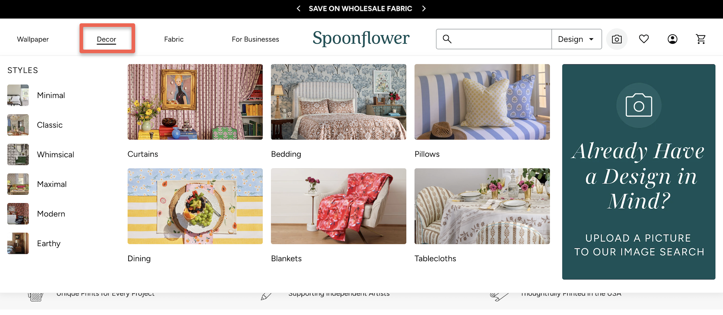 screenshot of spoonflower home page with decor menu highlighted