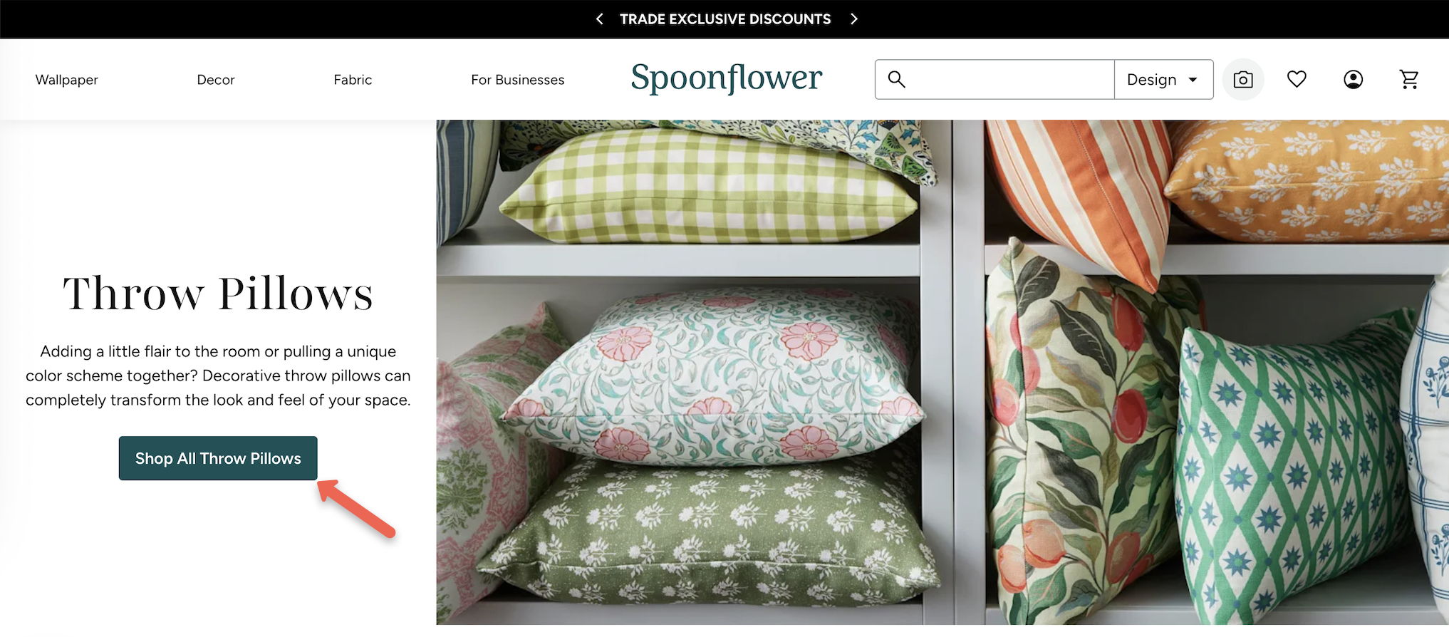 screenshot of spoonflower throw pillow page with arrow pointing to "show all throw pillows" button