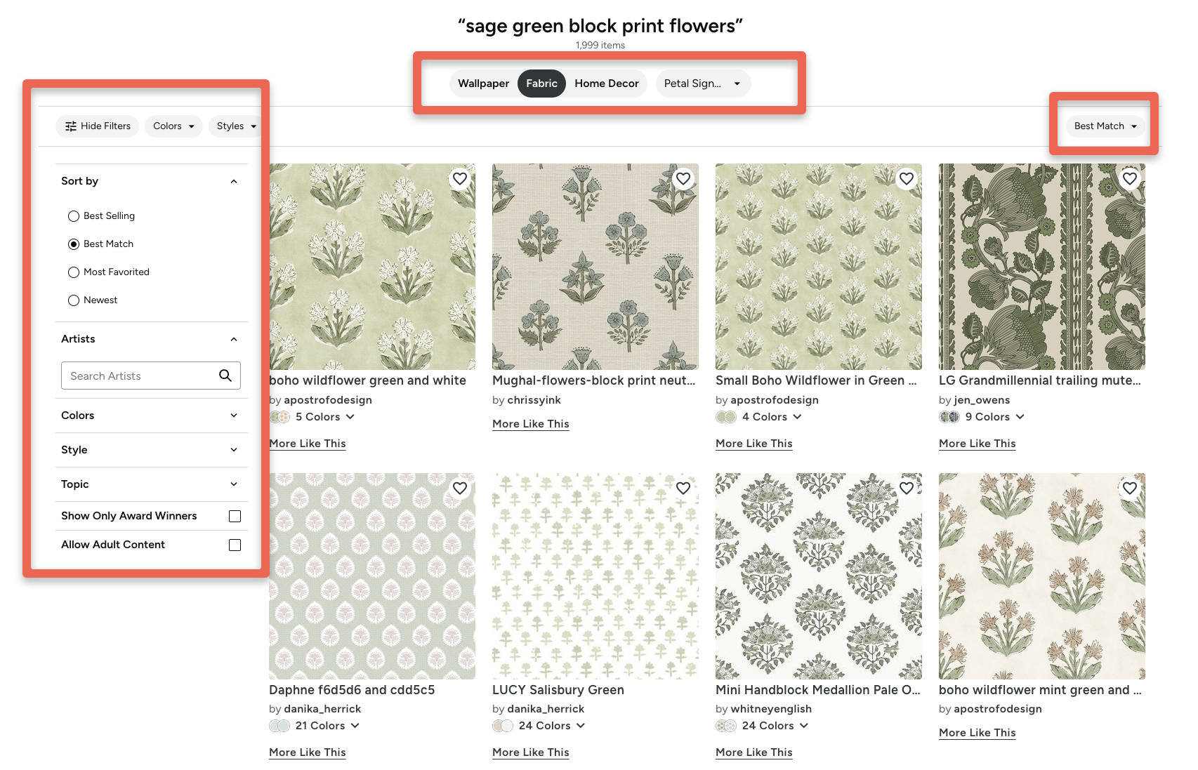 search results showing sage green block print flowers