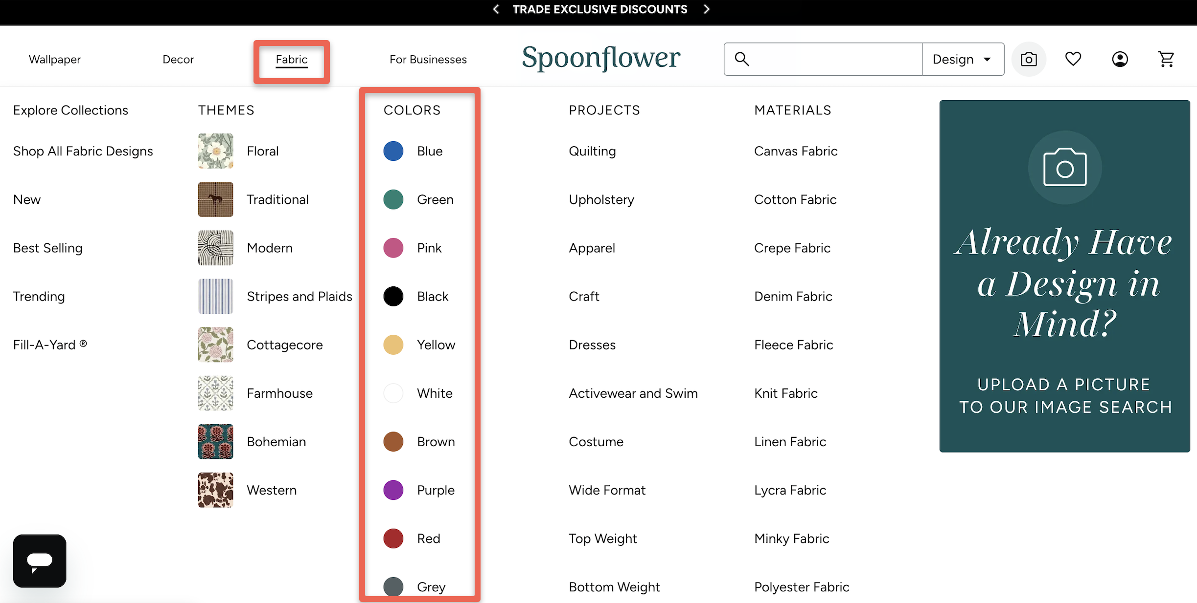 fabric menu with color options highlighted