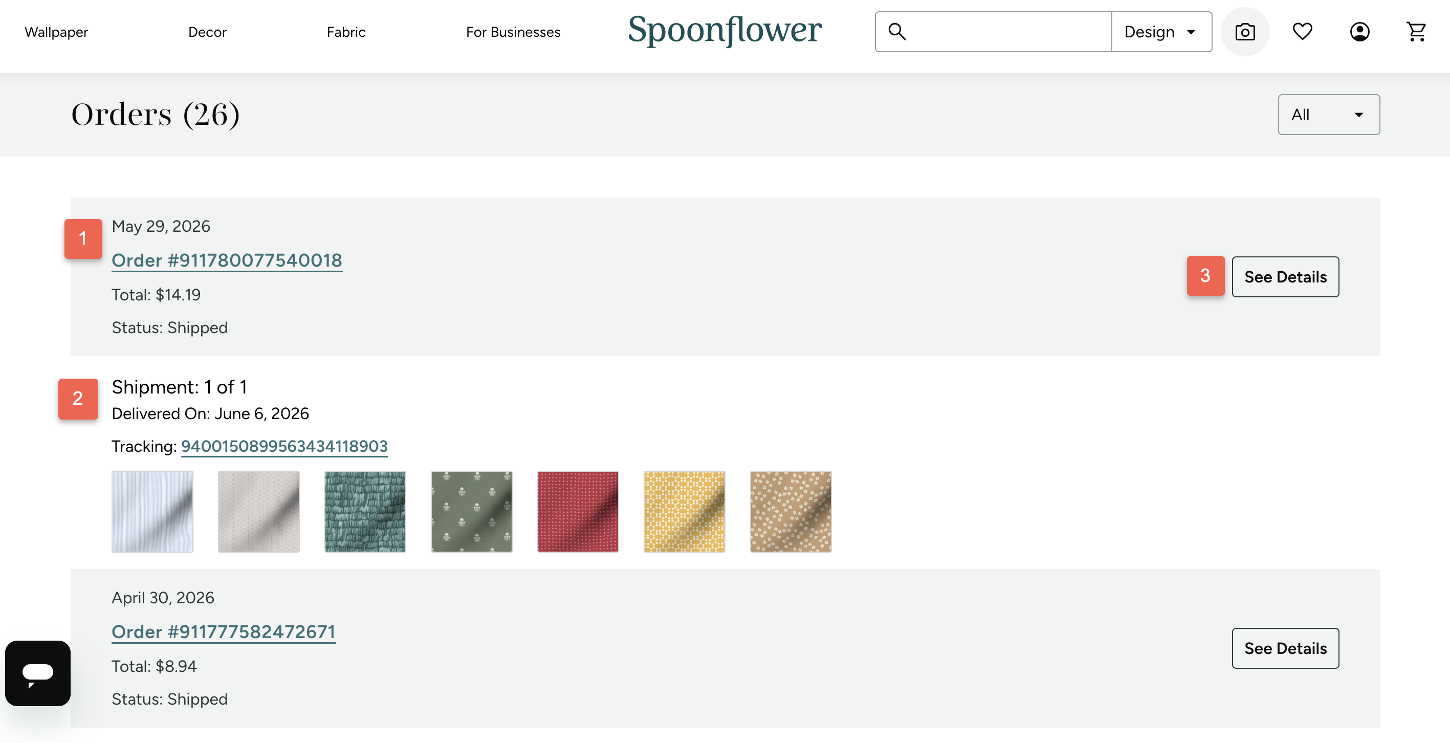 screenshot of spoonflower order history