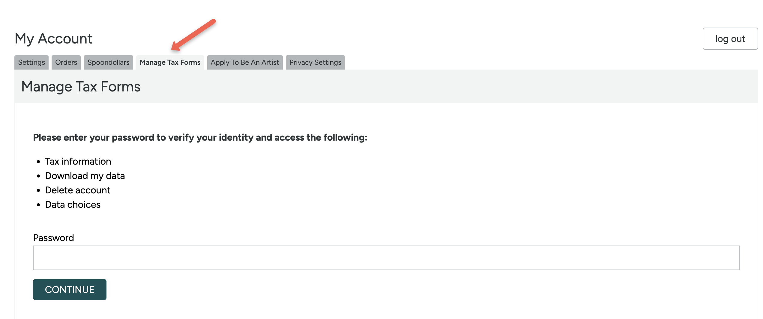 screenshot of manage tax forms tab with password protection