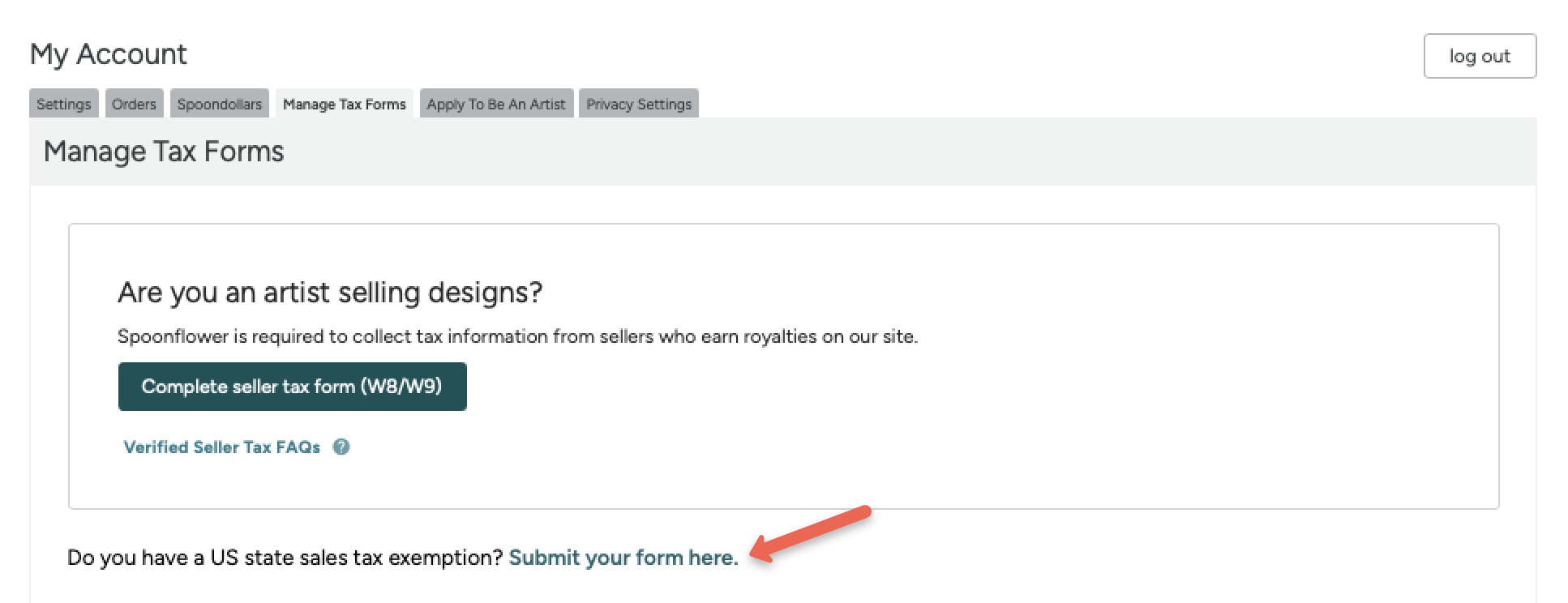 screenshot of "do you have a us sales tax exemption submit your form here?" text