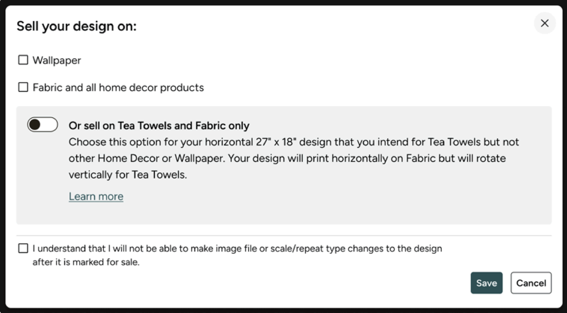 screenshot of the pop up window with product check boxes, acknowledgement check box, and save/cancel buttons