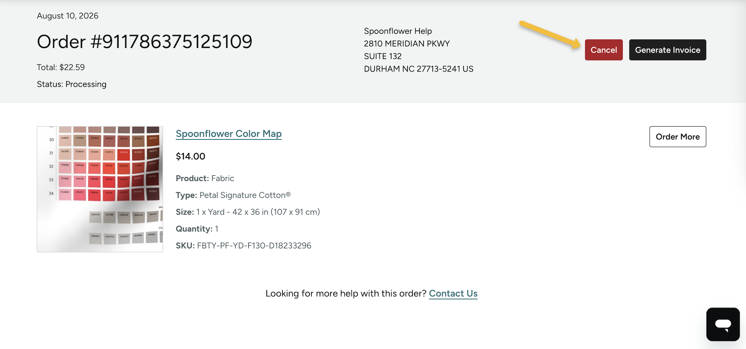 screenshot or order history with arrow pointing to red cancel button
