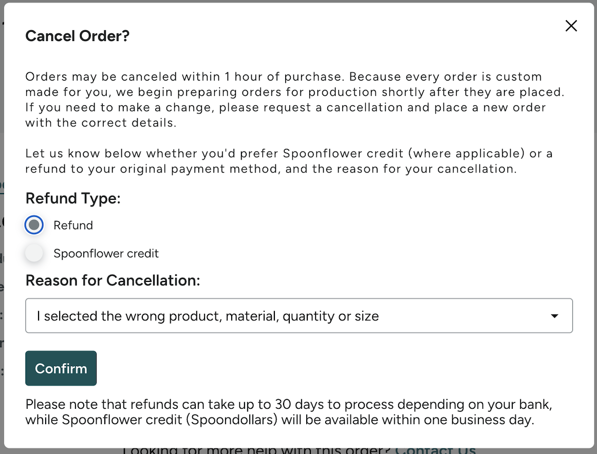 screenshot of refund form with refund or credit option and reason dropdown