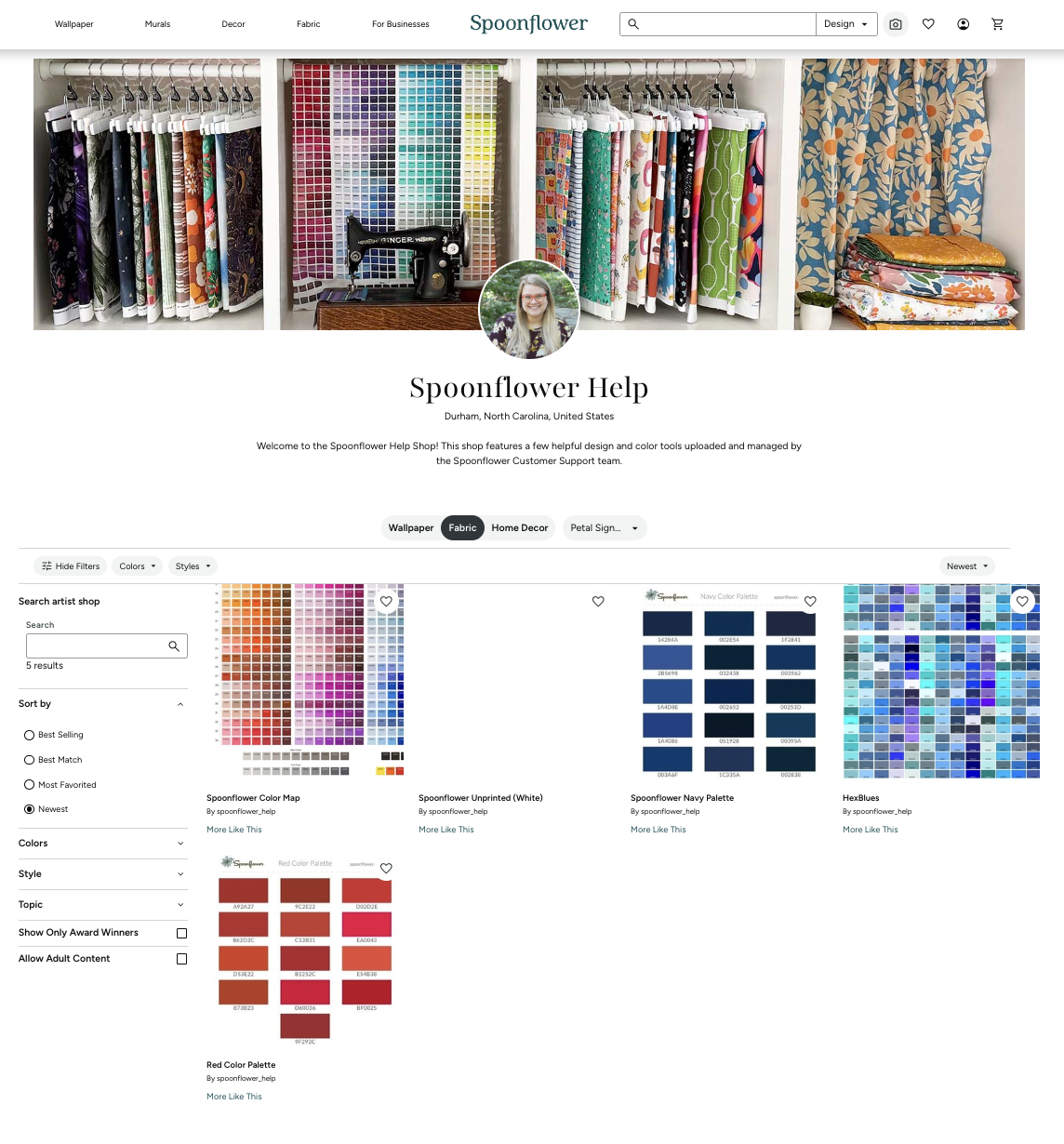 screenshot of the "spoonflower help" artist shop home