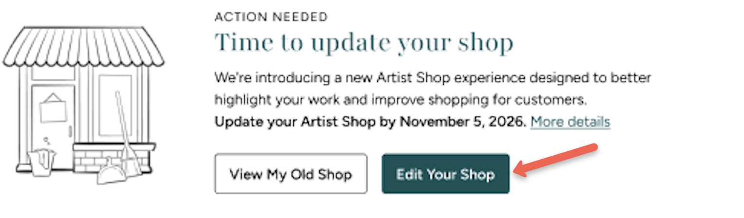screenshot of "time to update your shop" messaging with "edit your shop" button