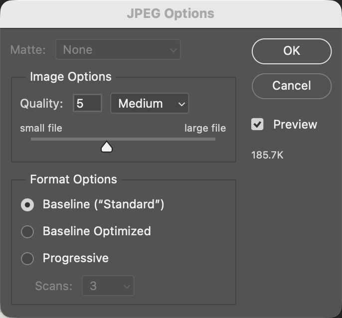 screenshot of jpg compression menu in photoshop