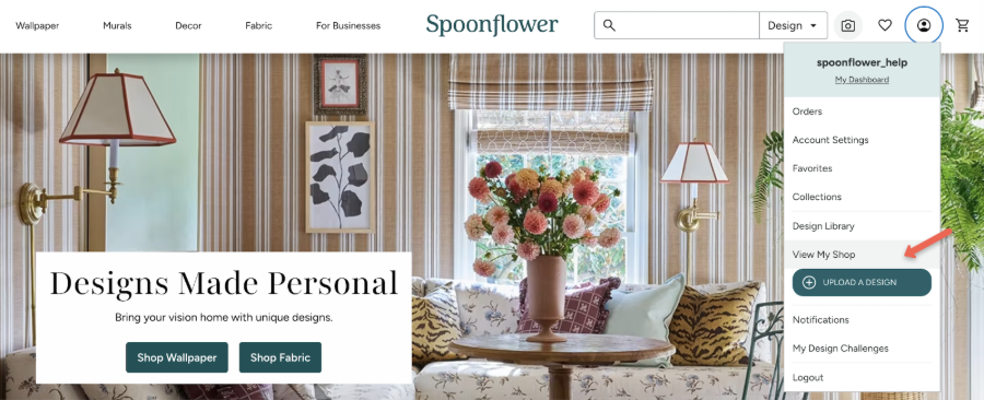 screenshot of spoonflower home page with user profile menu and "view my shop" option