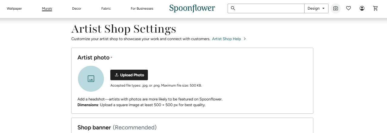 screenshot of artist shop settings