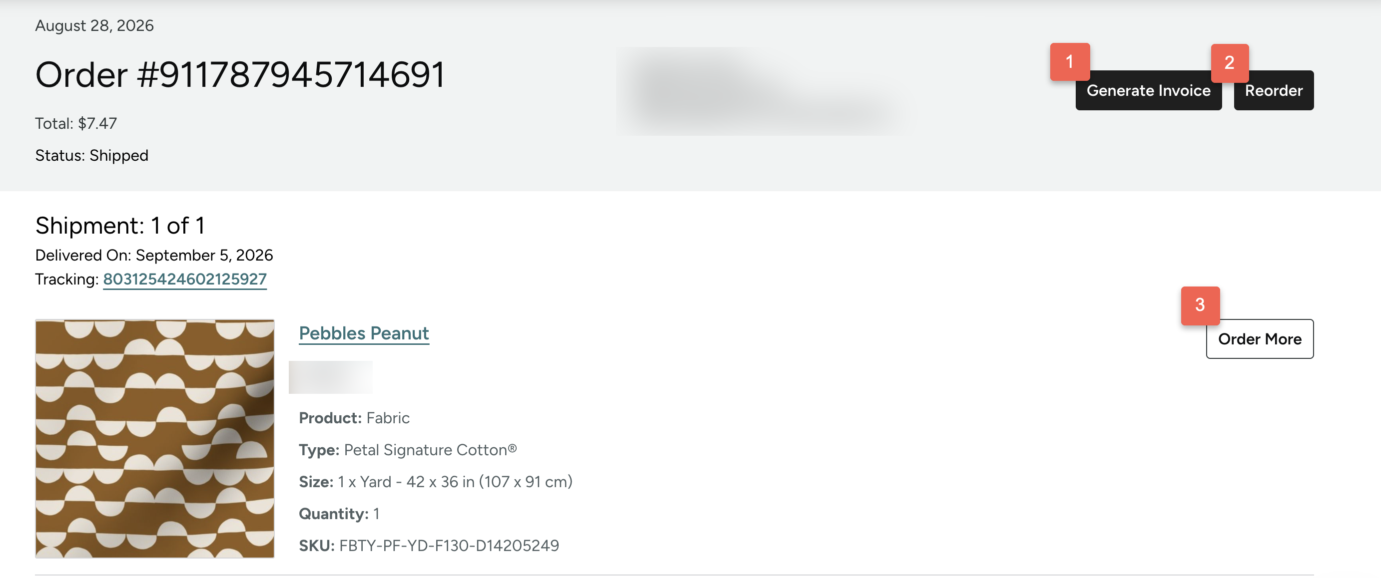 screenshot of order details showing generate invoice, reorder, and order more buttons